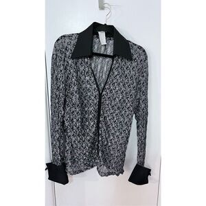 NARACAMICIE BLACK WHITE LACE SHEER BUTTON DOWN BLOUSE WOMENS SZ 12